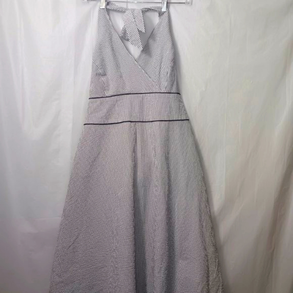 LIZ CLAIBORNE COTTON BLEND NAUTICAL STRIPED HALTER NECK TIE DRESS SIZE MEDIUM